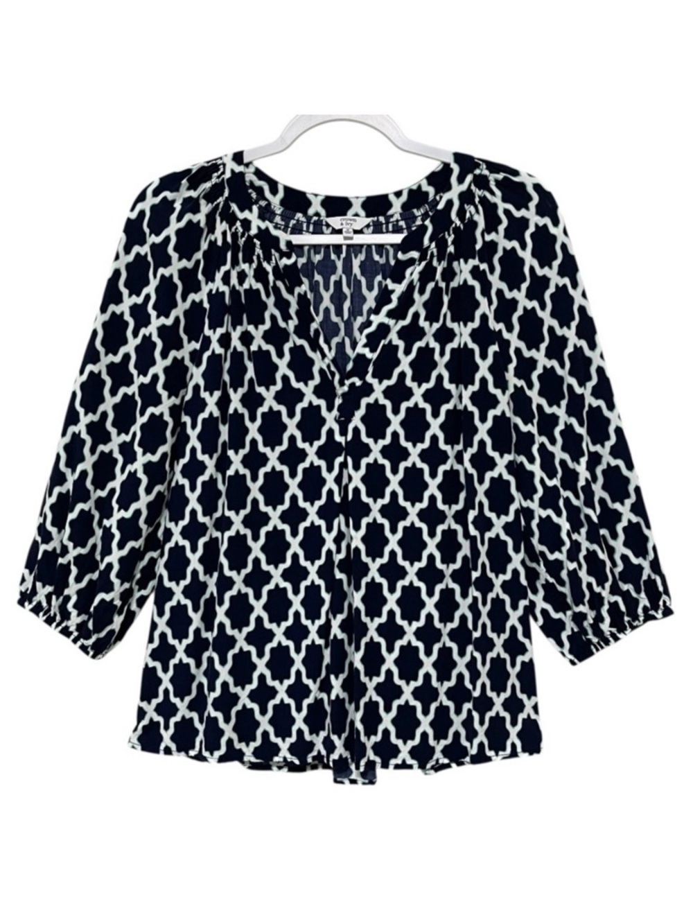 Crown & Ivy Lightweight Blouse Lattice Print Relaxed Fit Navy Turquoise Size M
